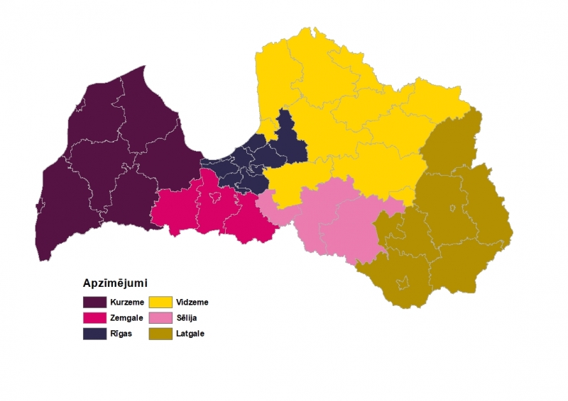 Lauksaimniecībā izmantojamo zemju teritoriālais sadalījums Kurzeme, Zemgale, Rīgas reģions, Vidzeme, Sēlija un Latgale. Katrs reģions attēlots atšķirīgā krāsā, ar administratīvo robežu iezīmēm un leģendu reģionu nosaukumiem.