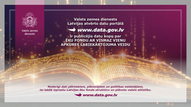 Attēlā redzams Valsts zemes dienesta informatīvs vizuālis ar portāla data.gov.lv norādi. Fons veidots kā stilizēta atvērta grāmata ar zeltainiem datu plūsmas efektiem un digitāliem elementiem. Tekstā izcelta publiskota datu kopa par ēku fondu un apkures labiekārtojuma veidiem.