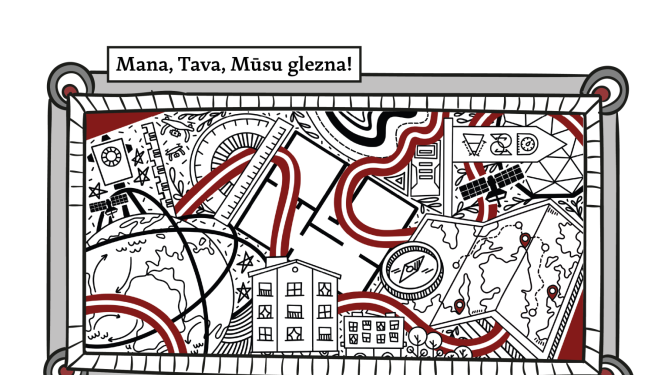 Stilizēta melnbalta ilustrācija rāmī ar sarkaniem akcentiem: attēloti ceļi, ēkas, karte, kompass, globuss, simboli un grafiski raksti. Rāmja augšpusē teksts “Mana, Tava, Mūsu glezna!”