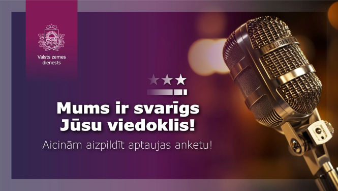 Vizuāls aicinājums aizpildīt aptauju: kreisajā pusē redzams Valsts zemes dienesta logotips un teksts “Mums ir svarīgs Jūsu viedoklis! Aicinām aizpildīt aptaujas anketu!”. Labajā pusē attēlots retro stila mikrofons uz fona ar siltu apgaismojumu.