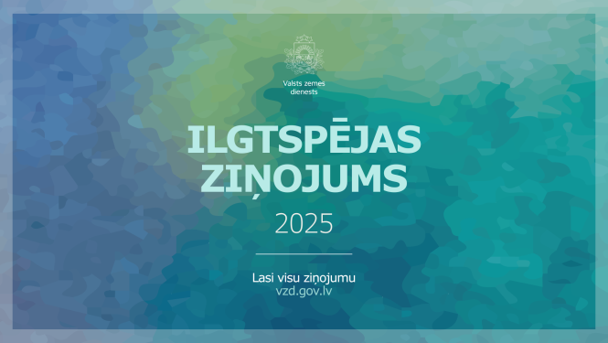 Valsts zemes dienesta 2025. gada ilgtspējas ziņojuma titulattēls ar zili zaļu grafisku fonu un aicinājumu iepazīties ar ziņojumu VZD tīmekļvietnē