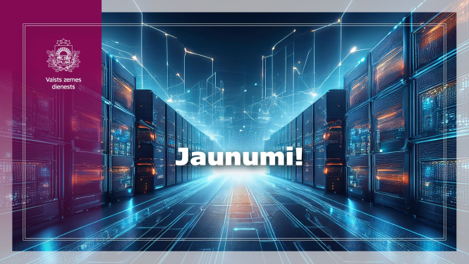 Informatīvs Valsts zemes dienesta vizuālis ar tekstu “Jaunumi!”. Fonā attēlota stilizēta datu centra telpa ar serveru rindām, zilganu gaismu un digitālu tīklu grafiskiem elementiem, kas rada modernu un tehnoloģisku noskaņu. Kreisajā pusē redzams VZD zīmolgrafikas bloks.
