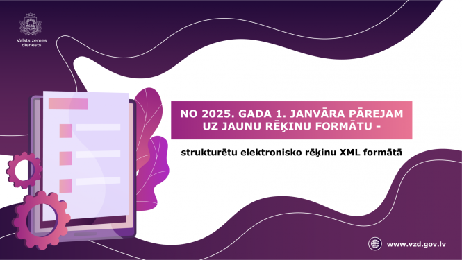 Informatīvs Valsts zemes dienesta vizuālis ar paziņojumu par pāreju uz jaunu rēķinu formātu no 2025. gada 1. janvāra. Dizainā attēlota stilizēta dokumenta ikona ar zobratiem un lapu elementiem violetos toņos, kā arī norādīta VZD tīmekļvietne.