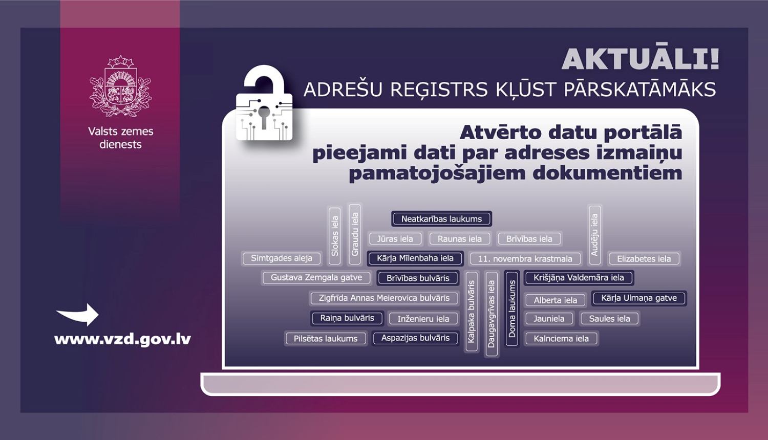Afiša ar datoru ekrānu un ielu nosaukumiem; paziņojums, ka Adrešu reģistrs kļūst pārskatāmāks un pieejami dati par adreses izmaiņu pamatojošajiem dokumentiem.