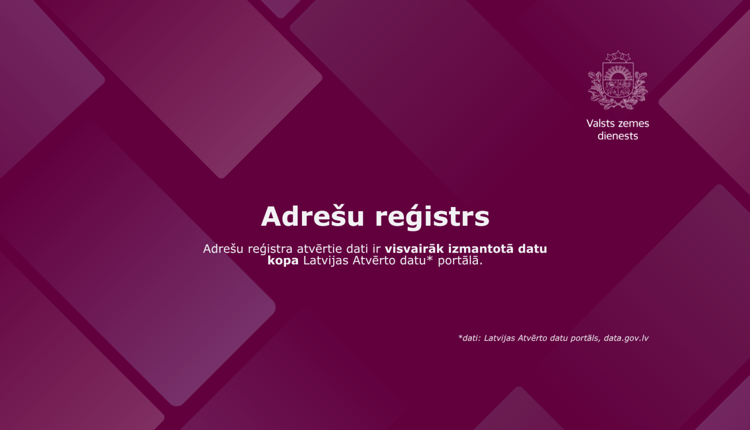 Valsts zemes dienesta informatīvs attēls par Adrešu reģistru ar tekstu: “Adrešu reģistra atvērtie dati ir visvairāk izmantotā datu kopa Latvijas Atvērto datu portālā.