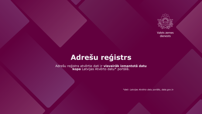 Valsts zemes dienesta informatīvs attēls par Adrešu reģistru ar tekstu: “Adrešu reģistra atvērtie dati ir visvairāk izmantotā datu kopa Latvijas Atvērto datu portālā.