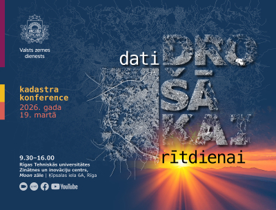 Valsts zemes dienesta kadastra konferences afiša ar saukli “Dati drošākai rītdienai”. Fons ar kartogrāfisku rakstu un saullēktu. Norādīts datums — 2026. gada 19. marts, norises vieta — RTU Zinātnes un inovāciju centrs, Rīga