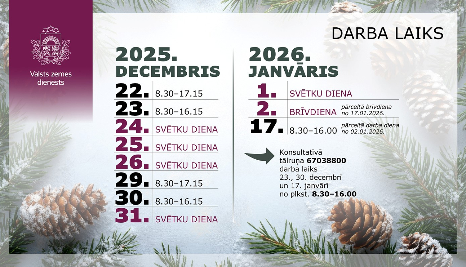 Infografika ar Valsts zemes dienesta darba laiku 2025. gada decembrī un 2026. gada janvārī. Redzami datumi, svētku dienas un saīsinātās darba dienas, kā arī konsultatīvā tālruņa informācija. Fonā — ziemas tematikas skujas un čiekuri.